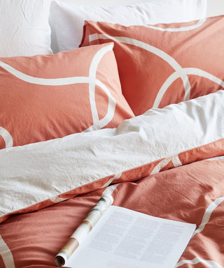 Printed terracotta with white lines bed linen - organic cotton duvet set
