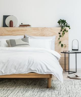 white and light grey bed linen tencel cotton. minimalist bedroom design